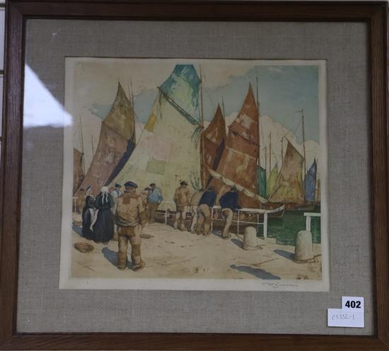 Tavik Frantisek Simon (1877-1942) - A signed aquatint print of fishermen on a quay 34 x 38cm